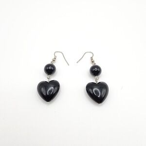 Silver Tone Black Acrylic Heart Dangle Earrings Hook Romantic